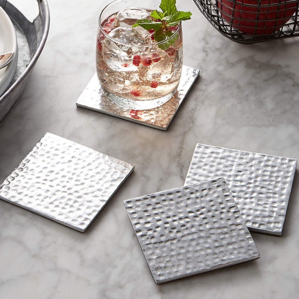Crate & Barrel Blake Coasters set of 8 silver hammered squares